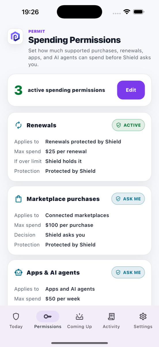 Shield's spending permissions screen: renewals capped at $25, marketplace purchases at $100 with Shield asking first, and apps & AI agents set to ask before spending.